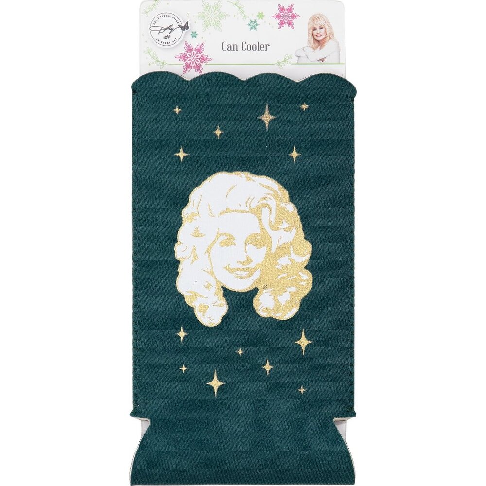 Dolly Parton Slim Can Cooler Sleeve Polyester Party Favors 5.25" Dark Green Gold